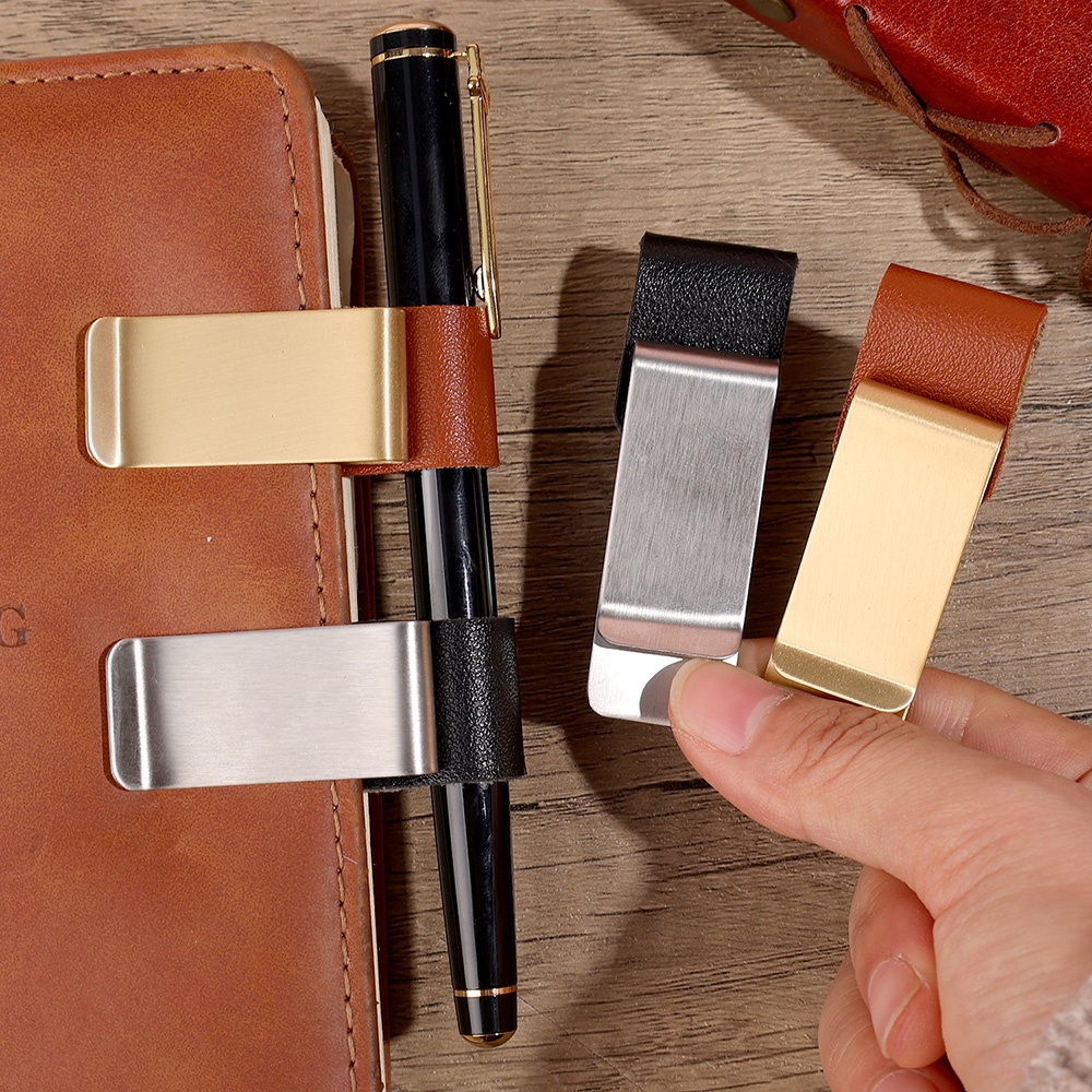 Leather Work Diary - Vintage Handmade Leather Pen Holder Brass