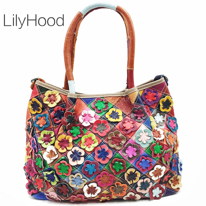 Leather Work Laptop Bag - Oversized Female Genuine Leather Multicolor Flowers