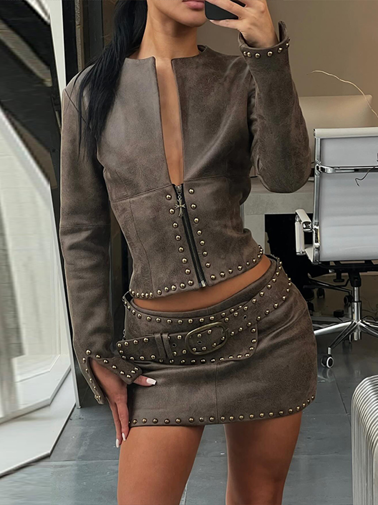 Y2k Leather Skirt Set Women Ri - Leatherwork Rivets ulasan dan harga