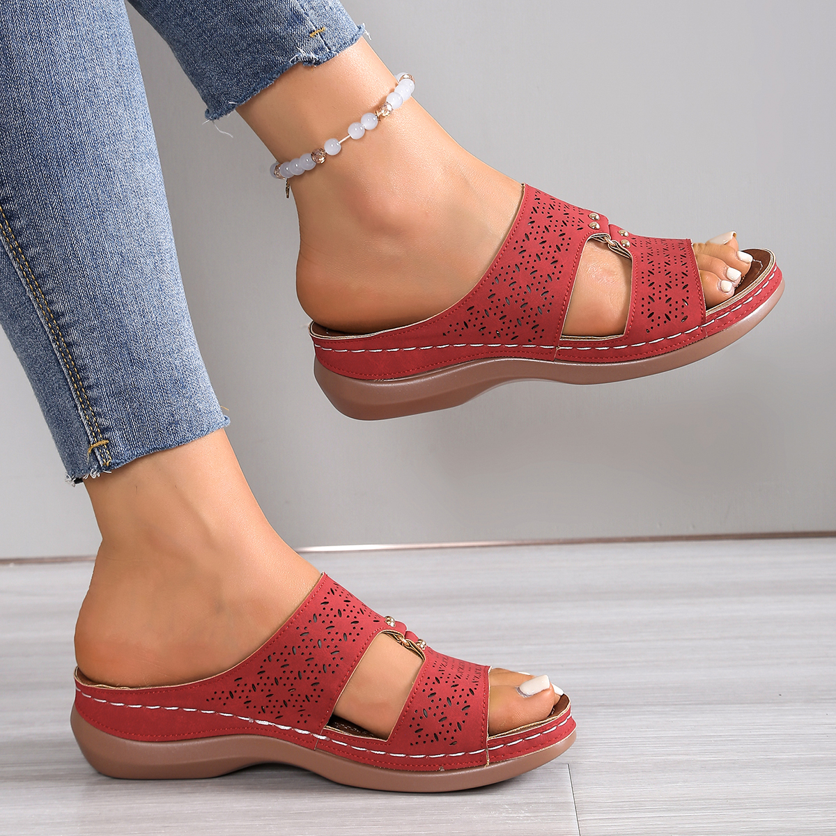 2026 Summer Women Wedge Slippe - Leatherwork Rivets ulasan dan harga